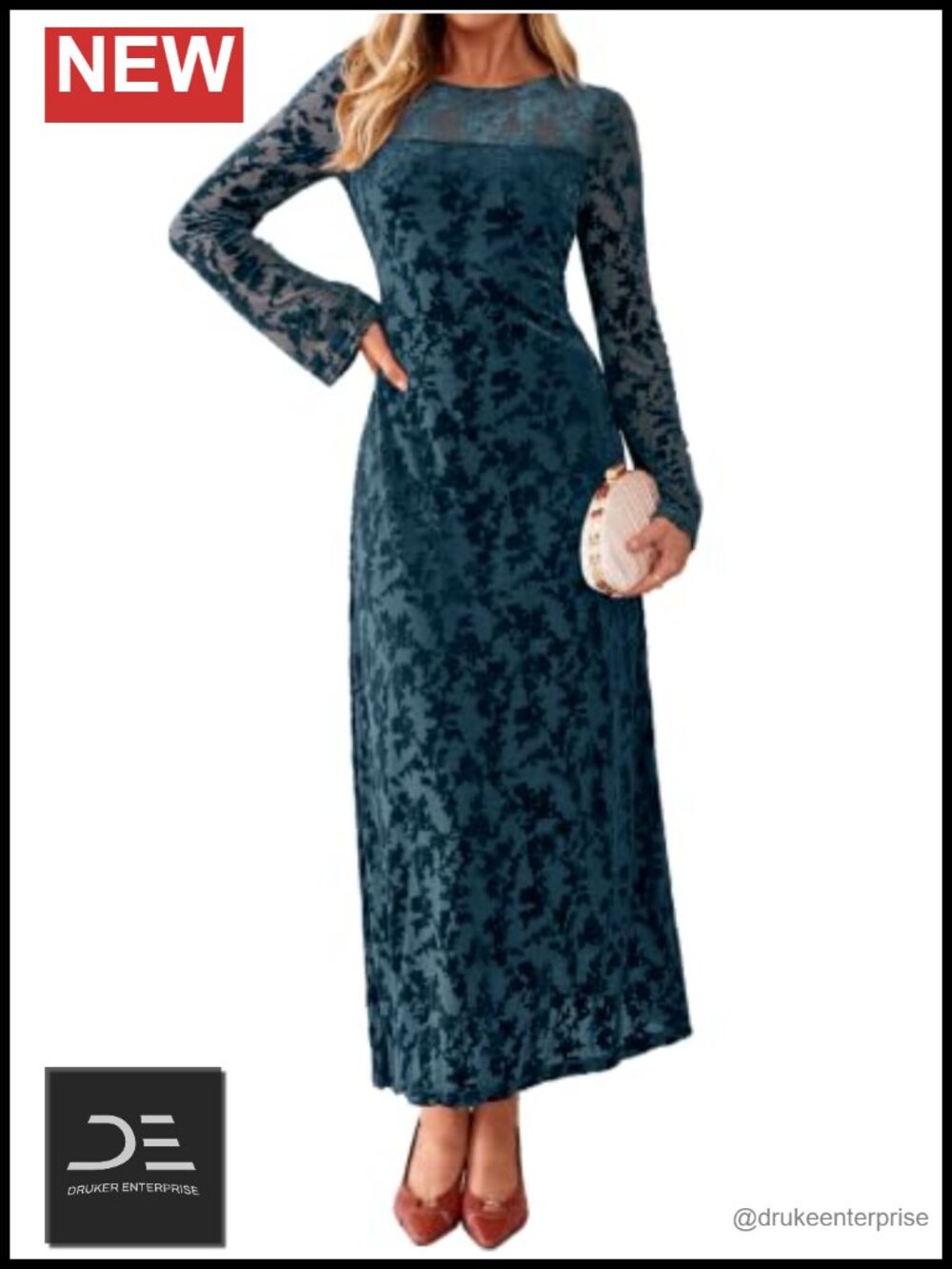 Burnout Velvet Floral Long Sleeve Maxi Dress Wedding Guest